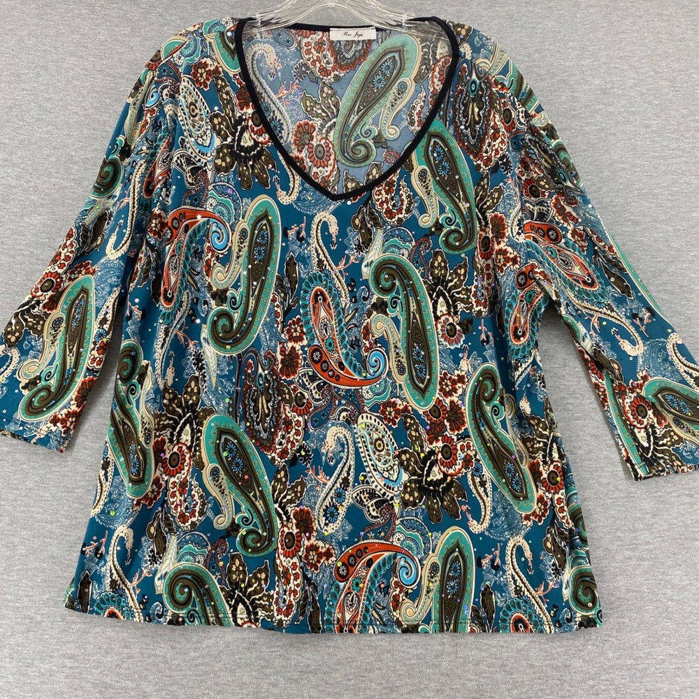Rue Juju Women's Teal Blue Paisley Print 3/4 Sleeve V-Neck Sequin Embellished